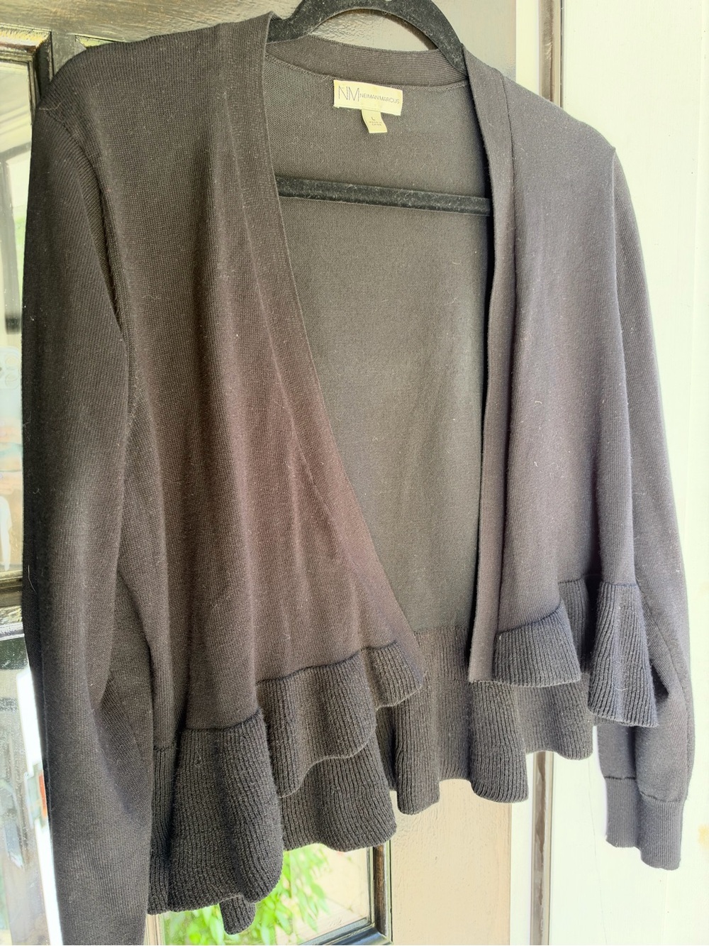 Neiman Marcus Black Ruffle-Hem Open-Front Cardigan